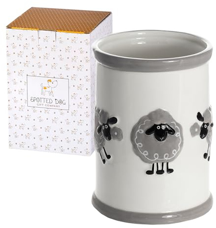 SPOTTED DOG GIFT COMPANY Utensil Holder for Countertop, 11 x 16cm Ceramic Kitchen Utensils Holder, Cute Sheep Themed Cooking Tools Storage Pot Jar, Sheep Gifts for Animal Lovers Women Men