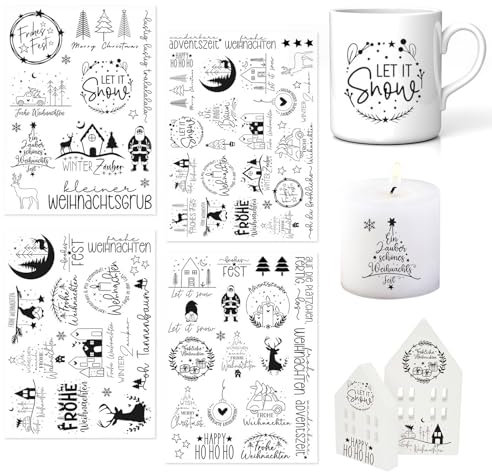 4 Stück Rub On Sticker für Weihnachten | Kerzentattoos, Folien & Aufkleber für DIY Deko auf Möbel, Glas und Holz | Wasserschiebefolie mit festlichen Sprüchen (Set 1)