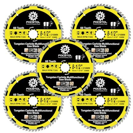 FOCSTOL Lame Scie Circulaire Bois 216mm x 30mm - 5 pièces Disque Coupe pour Bois 60 Dents pour Couper Plastique Aluminium Cuivre et Métaux non Ferreux