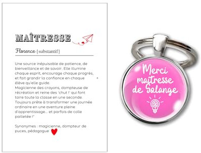 Porte-clés cabochon - Carte définition Maîtresse - Cadeau femme institutrice enseignante personnalisé personnalisable prénom texte Idée Fin d'année, Anniversaire ou Noël, Accessoire (MAITRESSE)