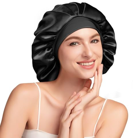 Umisleep Cuffia Seta Capelli Notte 22 Momme con Fodera in 100% Seta di gelso – Doppio Strato, Taglia Grande per Capelli Lunghi o Ricci, Fascia Elastica Regolabile, Morbida e Protettiva, Nero+Viola