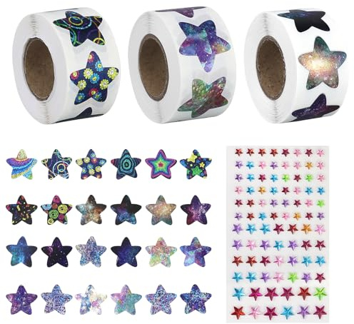 Lot de 3 rouleaux d'autocollants étoilés pour récompense - 25 mm - Multicolore - Paillettes - Autocollant holographique - Pour l'école - Fournitures pour enseignants