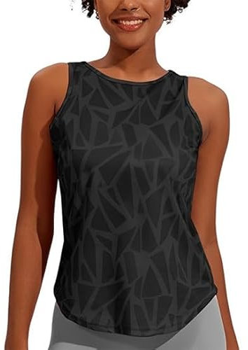 Weardear Damen Sport Tank Top Ärmelloses Fitness Crop Top Yoga Gym Workout Atmungsaktive Muscle Tanktop Geo-Druck Schwarz M