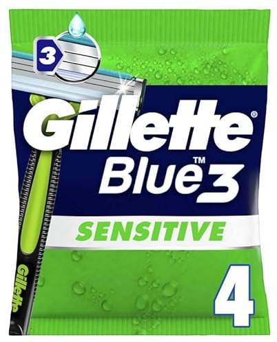 Gillette Blue 3 Sensitive Einwegrasierer für Männer, mit 3 Klingen und einem drehbaren Kopf, einem Gleitstreifen für eine sanfte Rasur des Gesichts, 4 Stück