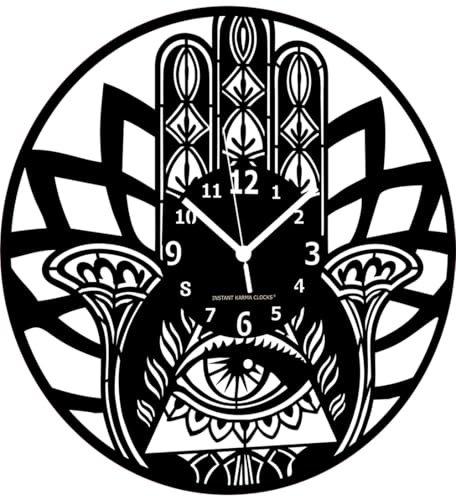 Instant Karma Clocks | Wanduhr Hamsa Hand Design | Spirituelle Dekoration mit Auge und Mandala | Symbolisches Geschenk für Esoterik - und Kunstliebhaber