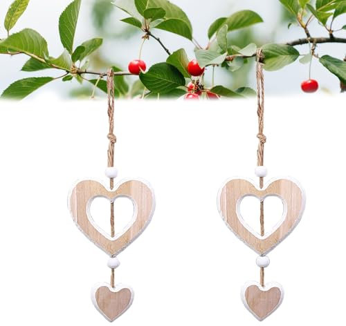 Herz Deko Holz Anhänger Hängende,Holz Dekoherz Fensterdeko Dekoanhänger,Fensterdeko Hängend Holz Herz,holzherzen deko,fensterdeko hängend für Fenster Wohnzimmer Garten Fensterdeko,Hochzeit,2PCS