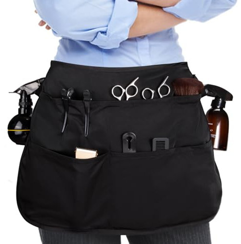 Noverlife Hair Stylist Waist Apron with 5 Pockets & Adjustable Belt, Hair Resistant Bleach-proof Hairdresser Half Waist Apron, Short Length Salon Barber Hairstylist Tool Belt Aprons for Men Women