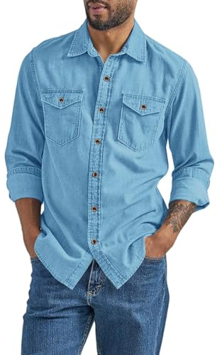 Camicia Jeans Uomo Maniche Lunghe - Camicie Uomo Con 2 Tasche a Patta Regular Fit Camicia-Giacca Denim Button-Down Camicia Maniche Lunghe Camicia Jeans Maniche Lunghe Stile Cowboy Colletto Kent