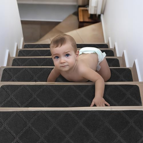 Spesh Textilfaser Stufenmatten 76x20 cm Treppenstufen Matten Anti-Rutsch Treppenteppich ideal für Holztreppen innen-15 Stück,Selbstklebend & Zuschneidbar(Grau Diamant)