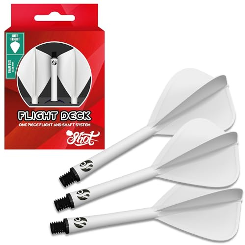 Shot! Darts Flight Deck One Piece Dart Flight and Shaft System, Reduced Deflections, Kite Shaped Flight Black (350 Micron) Available in Set of 3 (White, Inbetween)