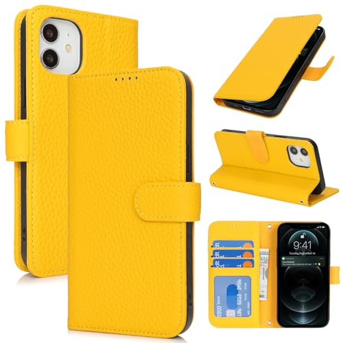 Zouzt Leather Wallet Case for iPhone 12 Mini, 4 Card Slot, Yellow | Genuine Leather, Card Holder, Shockproof TPU Shell, Magnetic Closure, Protective Flip Folio Phone Cover, For Women Men