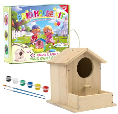 Bird House Kits for Kids Ages 4-8, Wooden DIY Birdhouse Kit, Outdoor Woodworking Crafts Freestyle Painting, Bird Houses for Outside with Paints & Brushes, Boy Girl Gift Christmas(1Pcs)