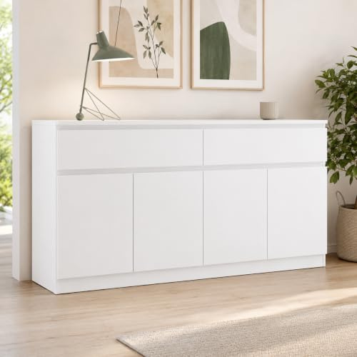 Sideboard Küche Küchenschrank 2 Schubladen und 4 Türen glänzend 155cm Weiß | Küche Küchenbuffet mit Türen,Eingangsbereich Wohnzimmer 155x40x83cm Weiß