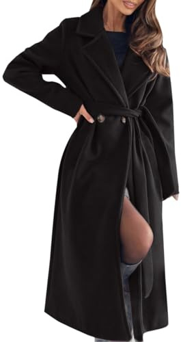 tacniseyw Long trench-coat pour femme en laine mélangée, col à revers, manteau d'hiver chaud, trench-coat fin avec ceinture pour femme, veste d'automne légère et coupe-vent à manches longues, veste