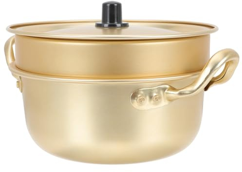 Olla Coreana para Ramen de Aluminio Dorado, 1 Juego | Compatible Cocinas de Inducción, Acabado Liso y Borde Enrollado, para Noodles y Sopa