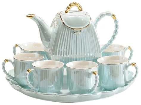 Water Pitcher Water Kettle Set, European and American Style Ceramic Tea Set for Home Living Room, Water Utensils Glass Pot(Green)