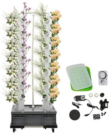 LKHDONG Hydroponic System 56 Löcher Hydroponisches Anzuchtsystem Vertikales Hydroponik Tower Automatische Bewässerung Hydrokultur Setmit 30L Wassertank und Räder (Grey)