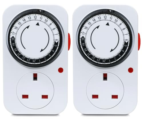 24 Hour Mechanical Timer Plug Socket UK, MDCMLKS Programmable Energy Saving Plug-in Indoor Timer Plug Switch for Indoor Lights, Lamps, Christmas Lights and Home Appliances,CE Listed(13A/3120W, 2 Pack)