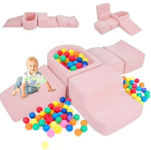 COSTWAY 5PCS Parcours Motricité Bébé en Mousse avec Piscine à Balles, Module Motricité Bébé avec Housse en Velours Côtelé Lavable, Jouets Éducatifs pour Ramper Grimper pour 3 Ans+, sans Balles