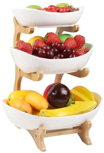Gaethra Fruchtkuchen Stehen Mehrstöckiger Keramik-Obstkübel Küche Ablagekorb Arbeitsplatte Dekoschalen 3 Stöckig Obstschale Obstkorb Etagere mit Hölzernen Ständern für Küchendekoration Obst Snacks