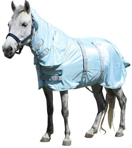 Gallopoff Couverture Anti-Mouches pour Mini-Cheval/Poney, Bleu Cyan 70cm | avec Couvre-Cou et Bande Ventrale Amovible, Protection UV, Maille Légère et Respirante pour Âne Miniature/Poulain Sevré