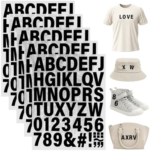 5 Sheets 250 Pcs Iron on Letters and Numbers for Clothing - Heat Transfer Vinyl A-Z, 0-9 Patches for Fabric, DIY Craft Supplies T-Shirt (Black)