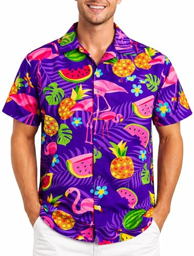 King Kameha Hawaii Hemd Männer - Funky Hawaiihemd Herren Kurzarm, Flamingo Melon, Violett, L