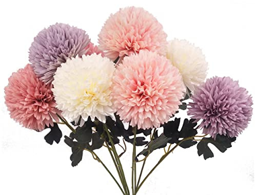 cn-Knight Artificial Flower 8pcs 22'' Long Stem Silk Pompon Flower Pom-Poms Hydrange Dahlia Daisy Dandelion for Wedding Bridal Bouquet Bridesmaid Home Décor Baby Shower Centerpiece(Color Mix-1)