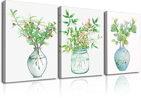 Piy Painting Impression sur Toile de Plantes Vertes de l'aquarelle, Tableau Photo sur Toile Prêt Suspendu Peinture pour Déco d'art Murale en Salle de Bain Cadeau Anniversaire 3x 30x40cm