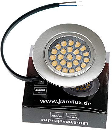 Kamilux LED IP44 flache LED Möbeleinbauleuchte, kein Trafo erforderlich, 4Watt, 230V Hochvolt,Lichtfarbe kaltweiß, 4000 Kelvin, Farbe in edelstahl-gebürstet Optik kein Trafo nötig