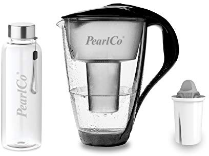 perlopur® Glas-Wasserfilter (schwarz) +1 Kart. Protect+ +Glas-Trinkfl. | Borosilikatglas, 2 l gesamt, 1 l gefiltert, LED-Anzeige, für classic Kartuschen, für sehr hartes Wasser, starke Entkalkung