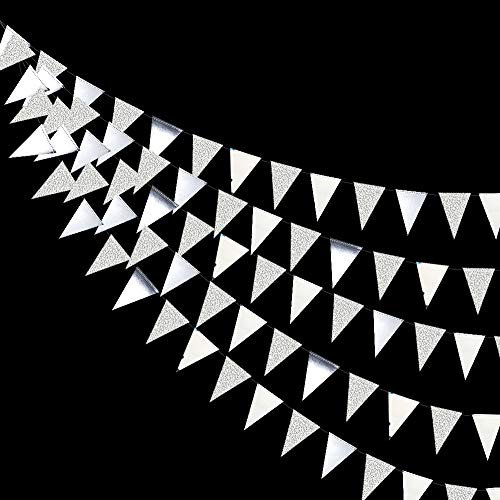 Pink Blume 30 Ft Silver Party décorations Glitter Metallic Paper Triangle Banderole Drapeau Garland Bunting pour Anniversaire Bachelorette Anniversaire Baby Bridal Shower
