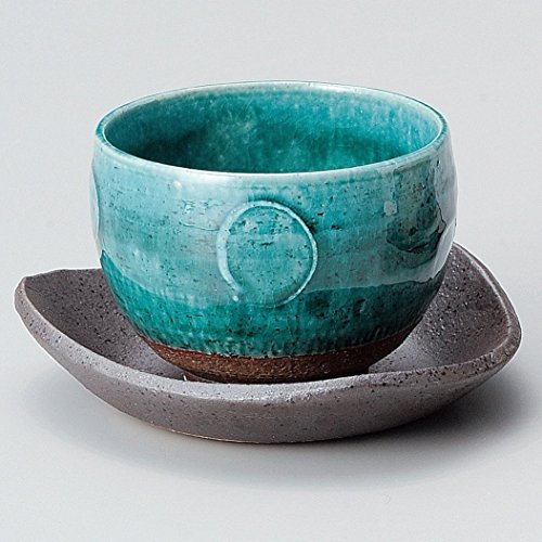 Yamakiikai Taza de té japonesa de cerámica Mino-yaki con platillo, turquesa Kimura 220cc importación Japón M1364