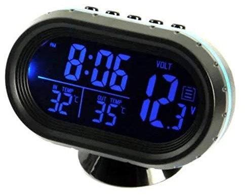 Digitales Auto-Thermometer, Voltmeter, DC 12 – 24 V, 4 in 1 Uhr für Auto, Thermometer für Innen- und Außenbereich, digitales Display, LCD-Uhr (Blau)