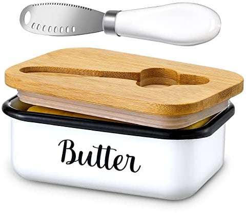 LANDNEOO Butter Dish with Lid and Butter Curler Knife - Unbreakable Stainless Steel Container with Double Silicone Sealing, for Kitchen Farmhouse Decor