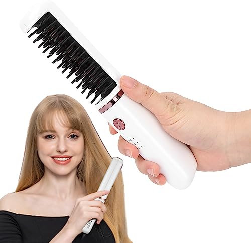 Kabelloser Haarglätter Bürste, Mini Glättbürste, Verbrühungsschutz Glättungskamm, Multifunktionaler Haarglätter Bartglätter - 3 Stufen, Einstellbare Temperatur, Wiederaufladbar, USB, 30W
