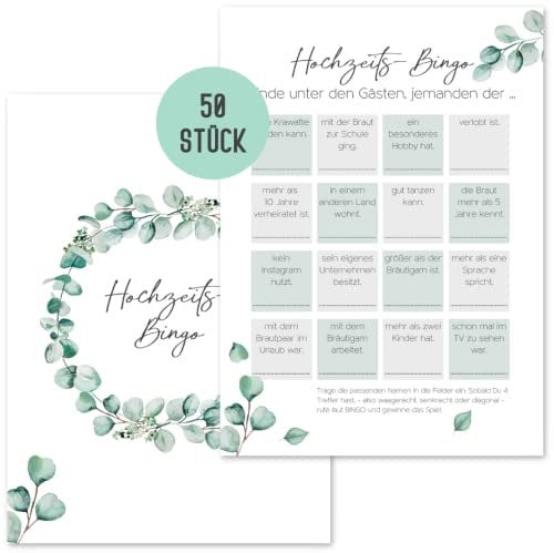 Things of Happiness 50x Hochzeitsbingo by Hochzeitsspiel für Gäste zum Kennenlernen | Hochzeitsspiel Gäste | Hochzeitsgeschenk-TIPP fürs Brautpaar (Grün Eucalyptus)