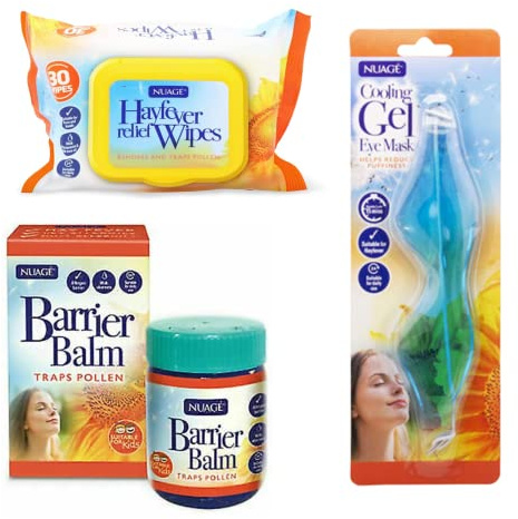 Nuage Hayfever Essential Kit Includes 30 Resealable Relief Wipes, 1 Allergen Barrier Balm & 1 Cooling Gel Eye Mask | Natural Remedy for Treating Hay Fever | Suitable for Face & Hands