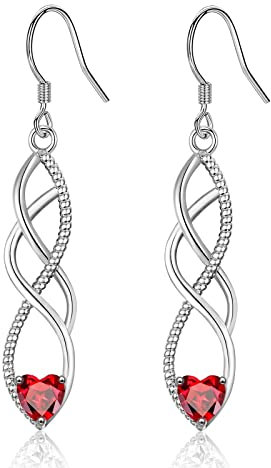 Sterling Silver Drop Earrings for Women Girl, Silver Dangle Earrings with Cubic Zirconia│Twisted Linear Hypoallergenic Earring for Sensitive Ears│Jewellery Gift for Birthday Christmas Red