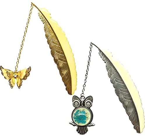 JAHEMU Feder Lesezeichen mit Schmetterling Eule Anhänger Metall Bookmark für Geburtstag Schriftsteller Lehrer Freunde Buchliebhaber Leser Mütter Kinder