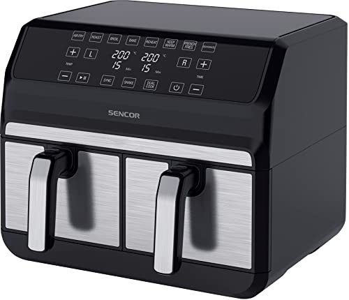 Sencor Friggitrice ad Aria Air Fryer, Doppio Compartimento, Tecnologia di Circolazione d'Aria ad Alta Velocità, Controllo Tattile, Pronta in 3 Minuti, 1700W, Capacità Totale 8L, Colore Argento