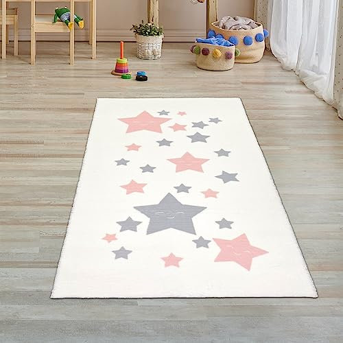 Teppich-Traum Kinderzimmer Teppich Babyteppich Läufer klein Sterne Mädchen Hochflor flauschig weich kuschelig Creme rosa grau 80x150 cm