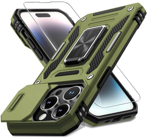 DEERLAMN for iPhone 14 Pro Case with Slide Camera Cover+Screen Protector(1 Pack),Rotated Ring Kickstand Military Grade Shockproof Protective Cover 6.1 Inch-Olive Green