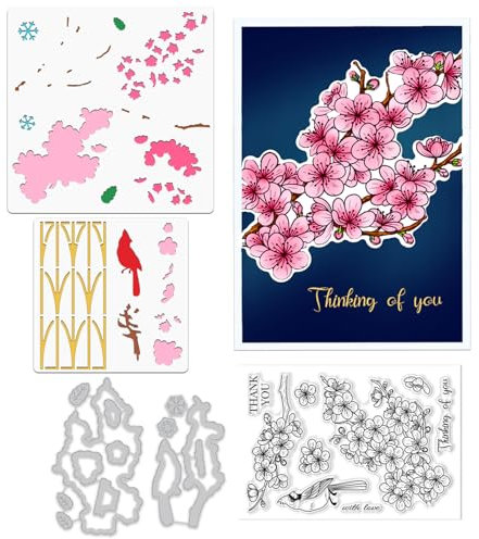 ORIGACH Realistische Frühling Pflaume Blüte Stempel und Stanzen und Schichtung Färbung Schablone Bundle für Kartenherstellung Fotoalbum Kunsthandwerk Zubehör