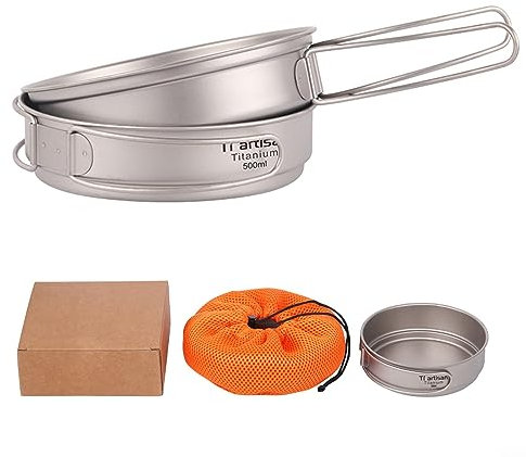 Sartén de titanio para camping con asas plegables, sartén de titanio puro para exteriores, senderismo, cocina (500 ml, 2)