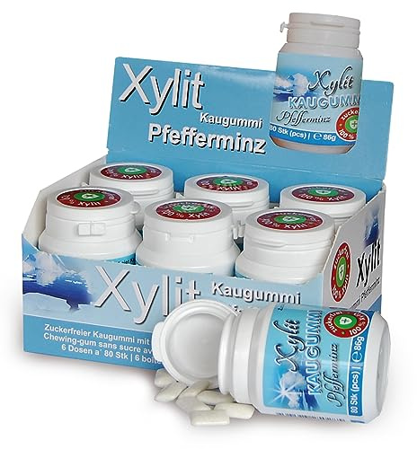 Xylit Kaugummi - Tschüß Karies: 480 zuckerfreie Zahnpflegekaugummi - 100% Xylit, ohne Aspartam, vegan - angenehmer Atem & frischer Mund - Pfefferminz-Geschmack (6 Dosen)