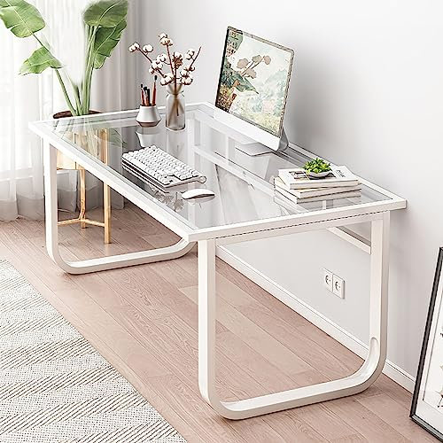 HczioN Escritorio de Cristal para Ordenador, Moderno y Sencillo con Patas de Metal, para casa, Oficina, PC, Mesa de Trabajo para Espacios pequeños (120 x 70 x 72 cm, Blanco)