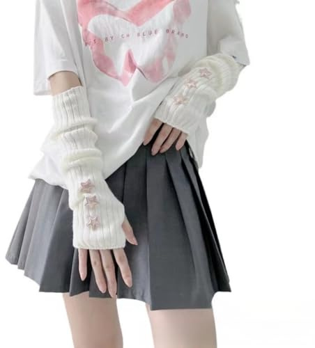 Eominve Y2K Women Teens Knitted Arm Warmers Japanese Harajuke Cosplay Lolita Cute Fingerless Mittens Thumb Hole Gloves (White)