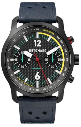 DeTomaso SORPASSO Chronograph Carbon Black Yellow Schwarz Gelb Herren Armbanduhr Analog Quarz Leder Armband Blau