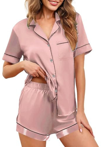 NLAND Ensemble de Pyjama Deux Pièces en Satin de Soie Été pour Femme Pyjama Boutonné Manches Courtes Vêtements de Nuit Femme 2 Pièces(Rose,M)